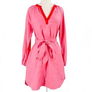 Boden 100% Linen Dress Womens 6 Notch Neck Belted Waist Pink Puff Sleeve